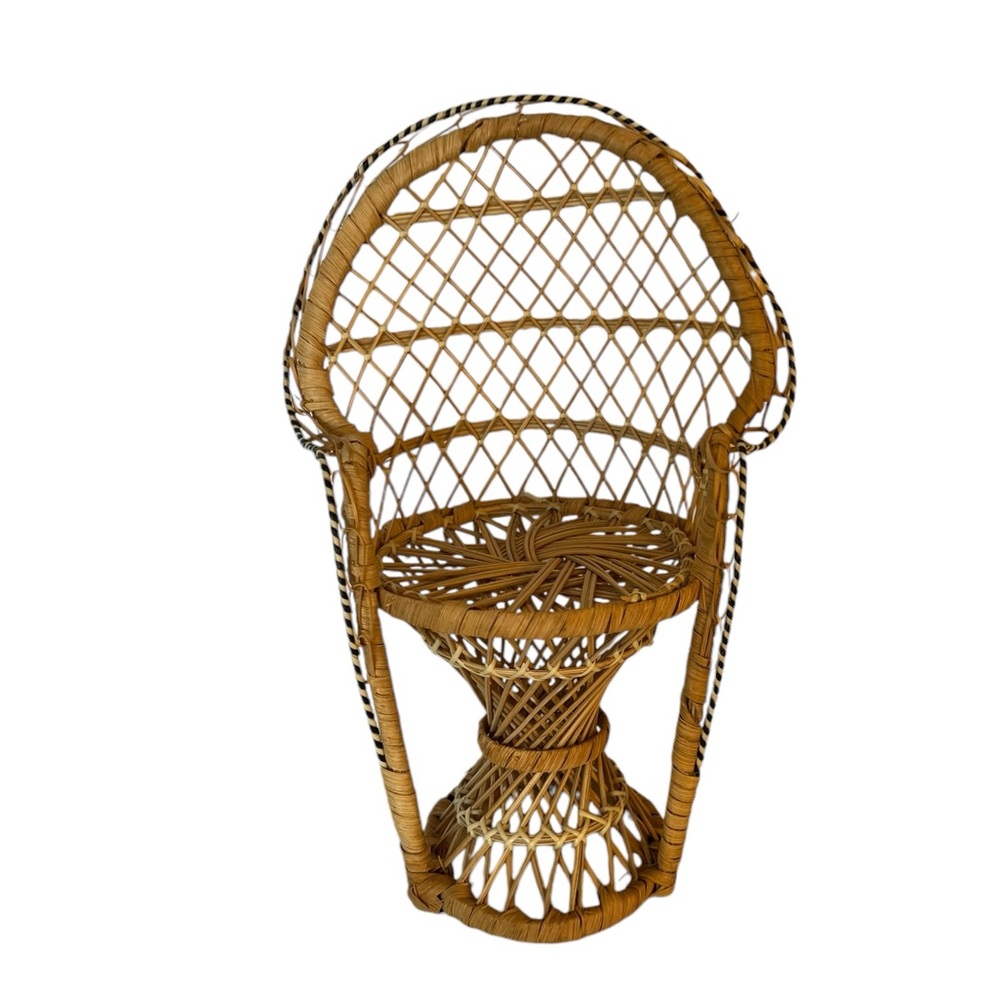 Mini 12” Peacock Wicker‎ Fan Back Rattan Chair Doll Plant Stand Boho Decor